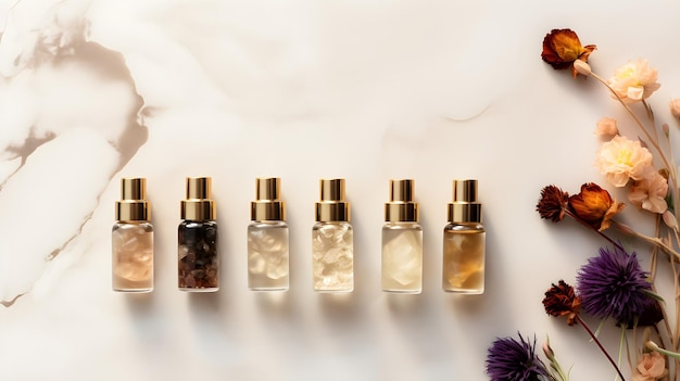 Luxury Perfume Bottles with Dried Flowers on Marble Background