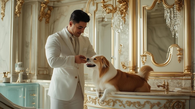 Photo luxury pet hotel manager providing spa treatment to pampered pooch in opulent grooming room