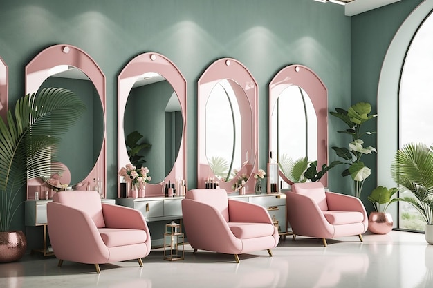 Luxury pink beauty care salon interior with large mirrors green armchairs in row on grey concrete floor Dresser with accessories and panoramic window on tropics 3D rendering