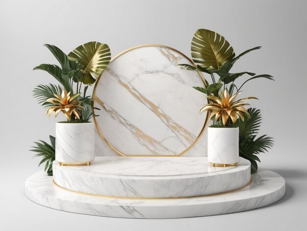 luxury podium for product display mockup with tropical palm leaves