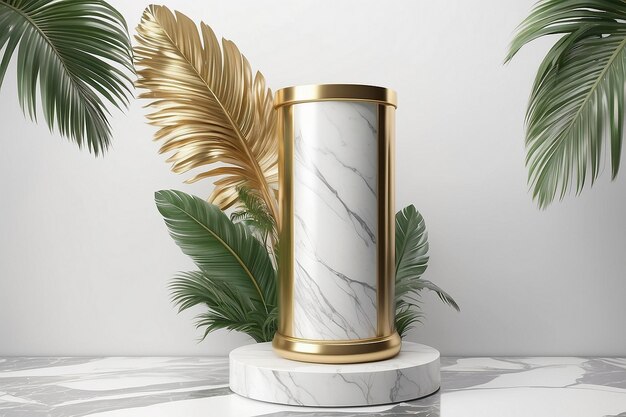 luxury podium for product display mockup with tropical palm leaves