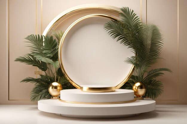 luxury podium for product display mockup with tropical palm leaves