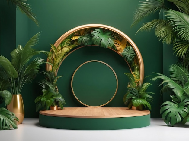 luxury podium for product display mockup with tropical palm leaves