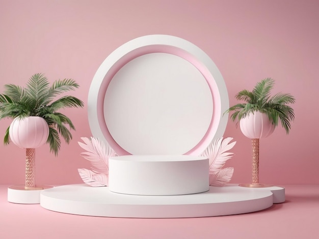 luxury podium for product display mockup with tropical palm leaves