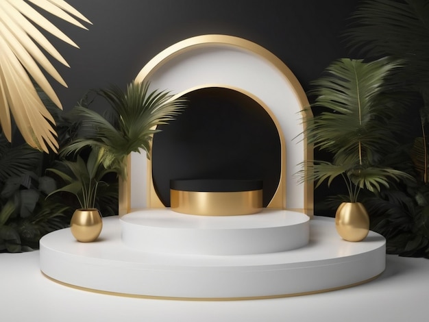 luxury podium for product display mockup with tropical palm leaves