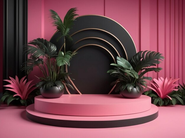 luxury podium for product display mockup with tropical palm leaves