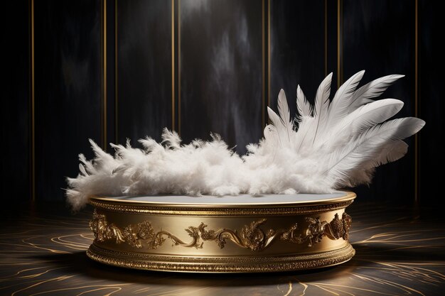 Photo a luxury podium round gold and silver table with a feather on it