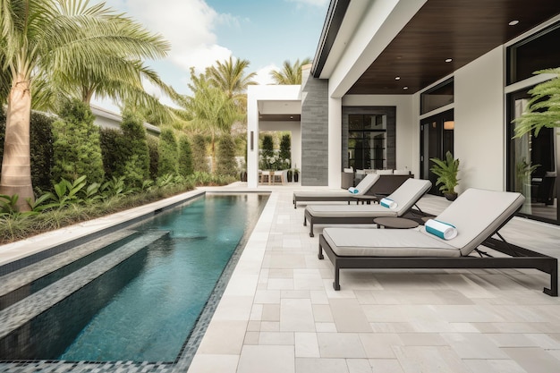 Luxury pool deck with mosaic tile and lounge chairs