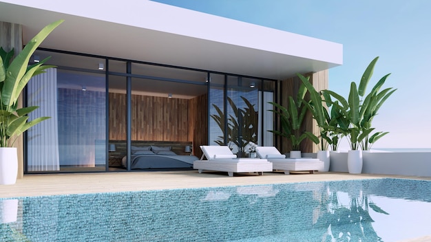 Luxury pool villa bedroom sea view on beach - 3D rendering