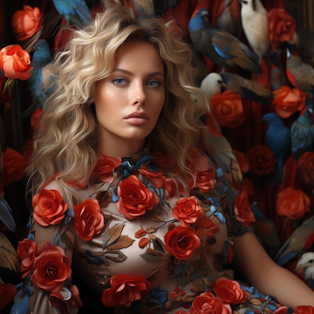 Luxury portrait of a woman surrounded by flowers in the style of fashion magazines