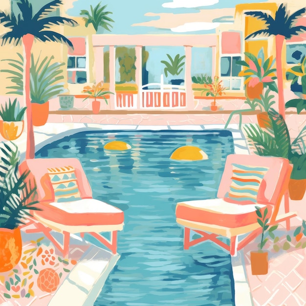 luxury pretty vintage Miami hotel pool scene bloom care