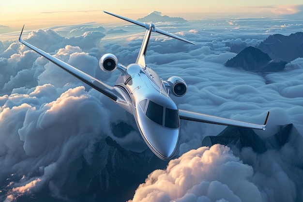 Luxury private jet flying above a beautiful sunset over a mountain range