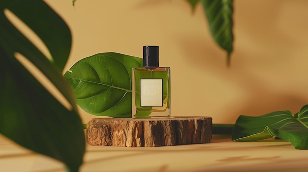 Luxury product packshot with dry wood as base and green leaf Mockup