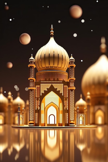 luxury Ramadan background with mosque and camel with crescent moonlight at back