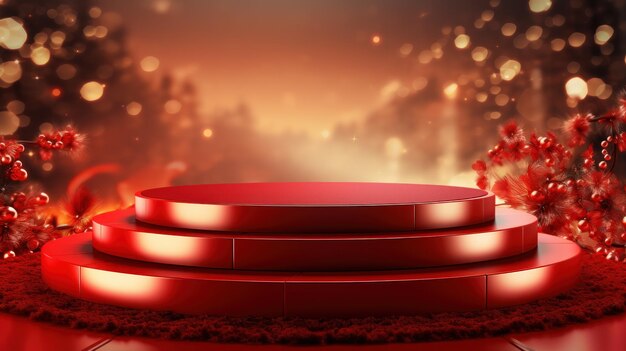 Luxury Red Podium with Sakura branches of blossoming against blurred lighting background Design for