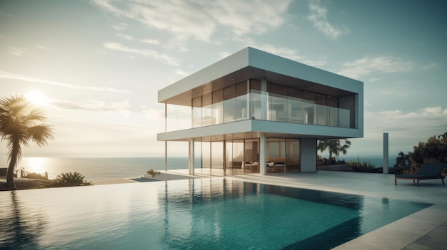 Luxury residential minimalist villa with pool and ocean Al generated