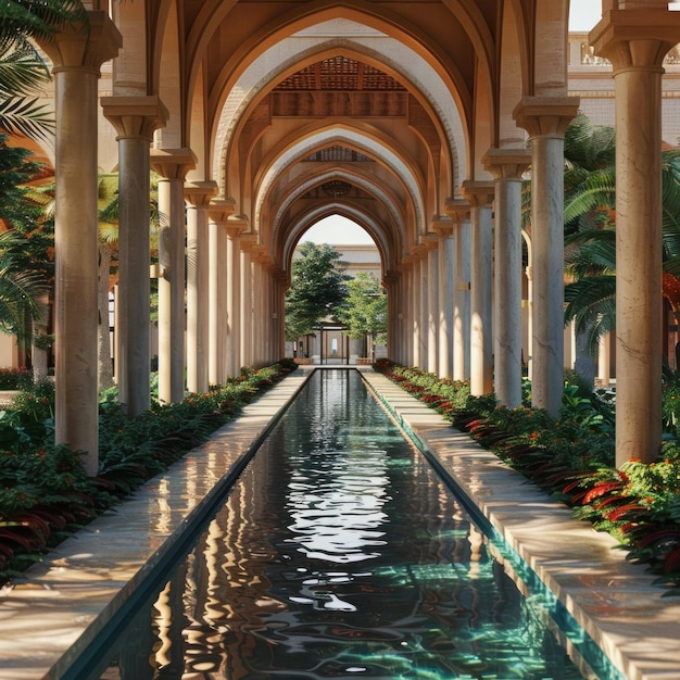 Luxury resort hotel or palace garden with arcade arches and pool water feature perfect for Arabian