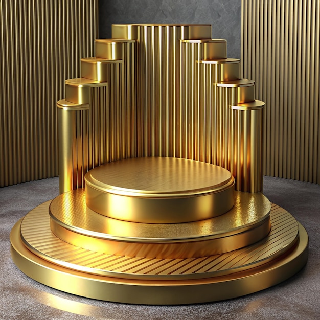 luxury rich golden 3D podium on light marble floor beautiful pedestal