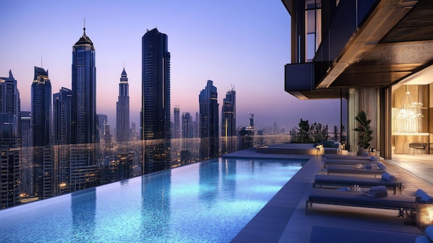 Photo luxury rooftop pool with city skyline view