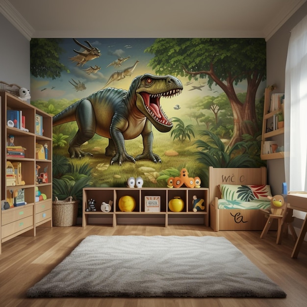 Luxury room scene dinosaur wall murals wallpaper AI Generated art