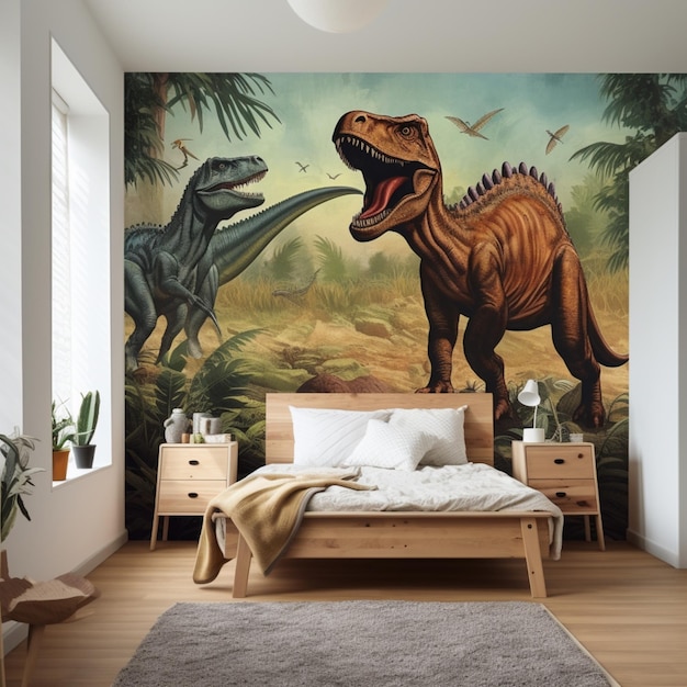 Luxury room scene dinosaur wall murals wallpaper AI Generated art