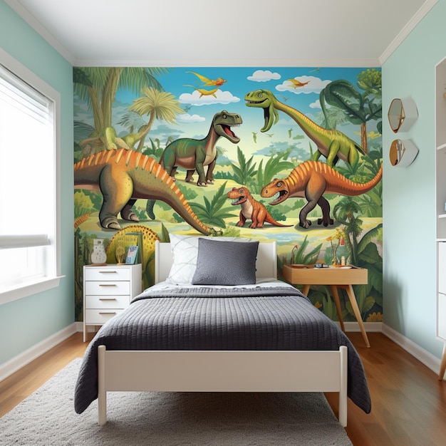 Luxury room scene dinosaur wall murals wallpaper AI Generated art