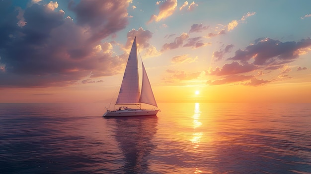 A luxury sailboat sailing on the sea at sunset a real photo with warm colors and reflections on wate