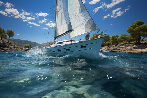 Luxury sailing yacht glides through turquoise waters sails billowing under a perfect blue sky