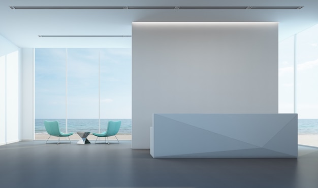 Luxury sea view lobby with white wall in modern office.