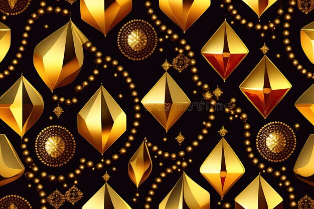 Luxury seamless pattern with with golden jewels diamonds and chains on black background Seamless r