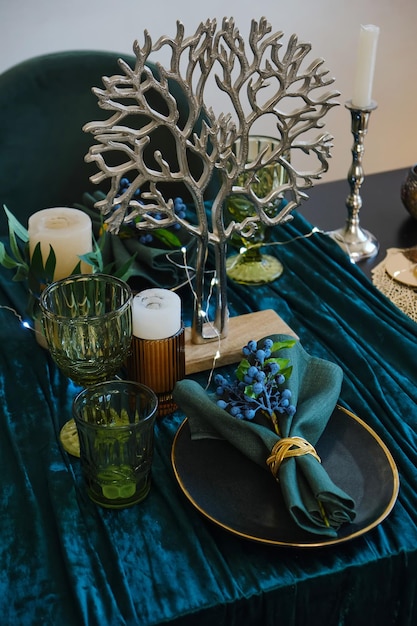 The luxury served table indoors in green colors