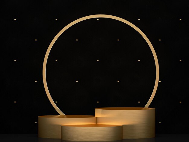 Luxury shiny golden podiums or product displays with golden circle frame and black background 3D Vector