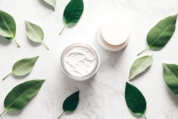 Luxury skin care cream on white table among leaves of spa products flatlay