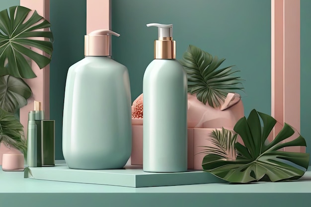 Luxury skincare concept 3D shampoo mock up on cube podium with tropical leaves Beauty product