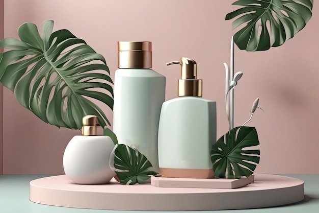 Luxury skincare concept 3D shampoo mock up on cube podium with tropical leaves Beauty product