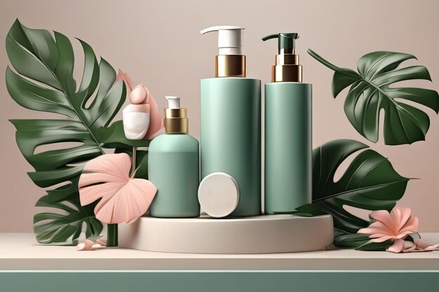 Luxury skincare concept 3D shampoo mock up on cube podium with tropical leaves Beauty product