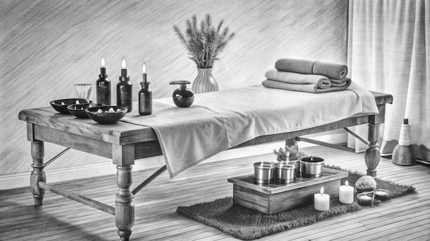 Photo luxury spa setting with candles essential oils and a massage table