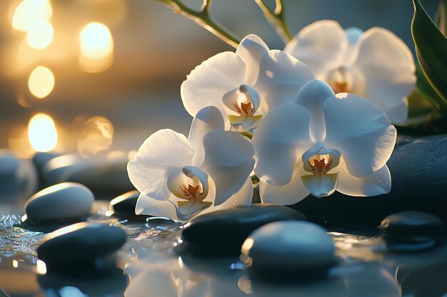 Photo luxury spa setting with rolled towels scented candles and orchid flowers tranquil wellness