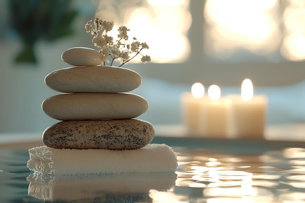 Photo luxury spa setting with rolled towels scented candles and orchid flowers tranquil wellness