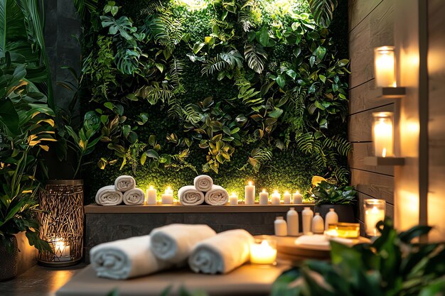 Photo luxury spa setting with rolled towels scented candles and orchid flowers tranquil wellness