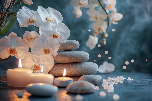 Luxury Spa Setting with Rolled Towels Scented Candles and Orchid Flowers Tranquil Wellness