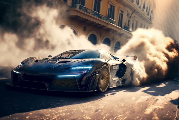 Luxury sport car drifting on city street racing car in smoke from burning tires generative AI