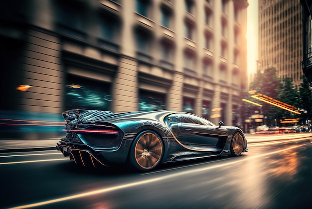 Luxury sport car drives fast on city street futuristic car moves fast generative AI