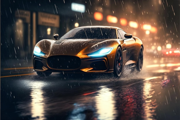 Luxury sports car drives on city street in rain auto with headlight on at night generative AI