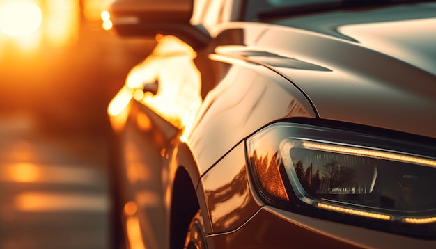 Luxury sports car driving through vibrant city traffic at dusk generated by artificial intelligence