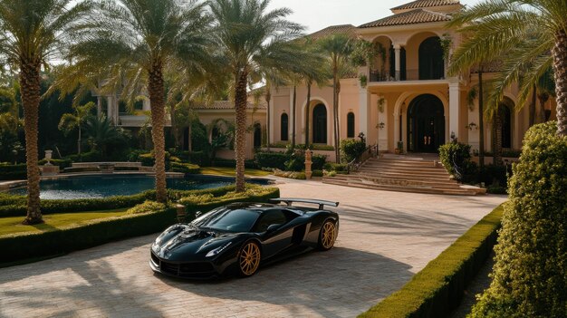 Luxury Sports Car in Front of Mansion