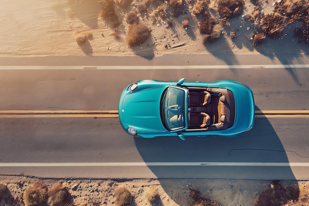 Luxury sports car in scenic desert landscape with mountains in background