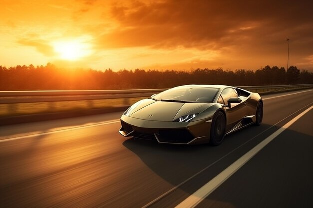 Luxury sports car speeding on a highway at the sunset