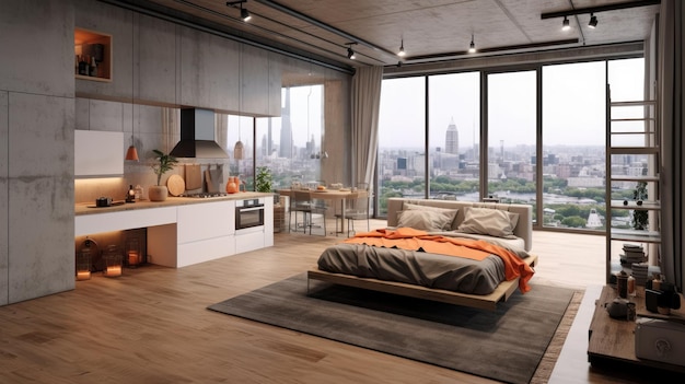 Luxury studio apartment with a free layout in a loft style in dark colors stylish modern kitchen wit