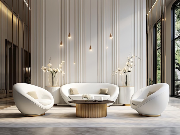 Luxury style office or hotel interior with armchairs guests waiting area